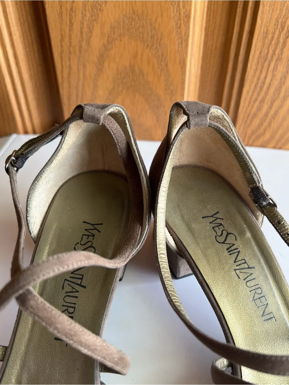 Vintage Yves Saint Laurent Taupe Suede D'Orsay Cross Strap Pumps Size 10M